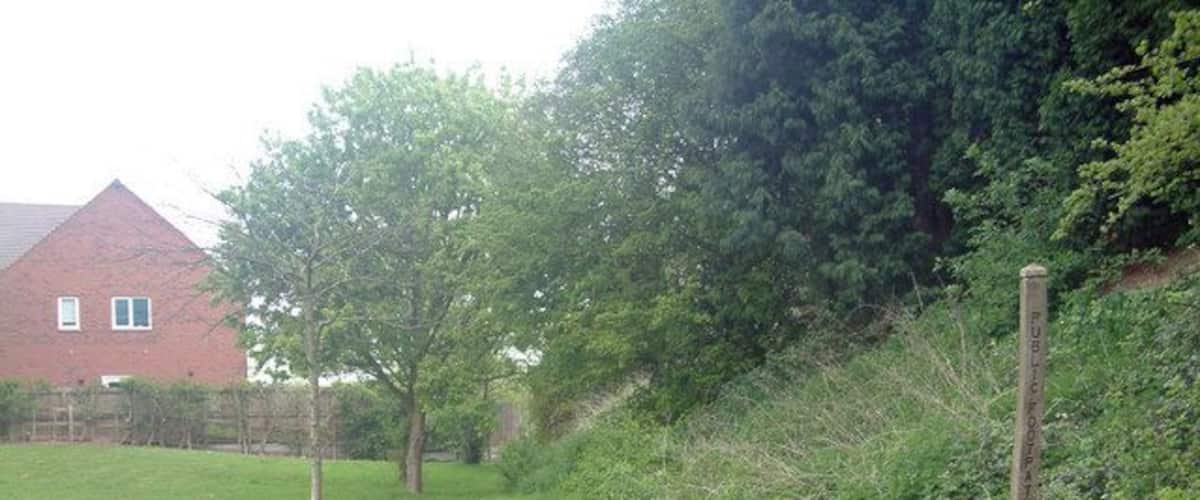 A rural road with a grassy verge, a red brick house, and a wooden post with 'PUBLIC ROAD' written on it.