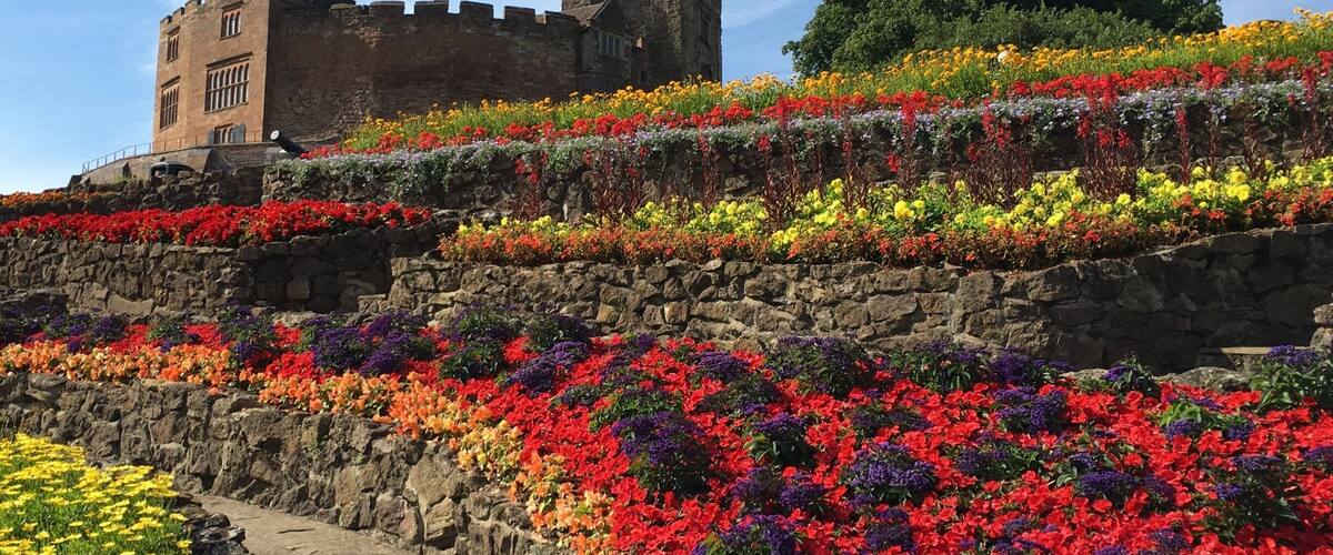 A castle with a flag, surrounded by colorful flower beds.