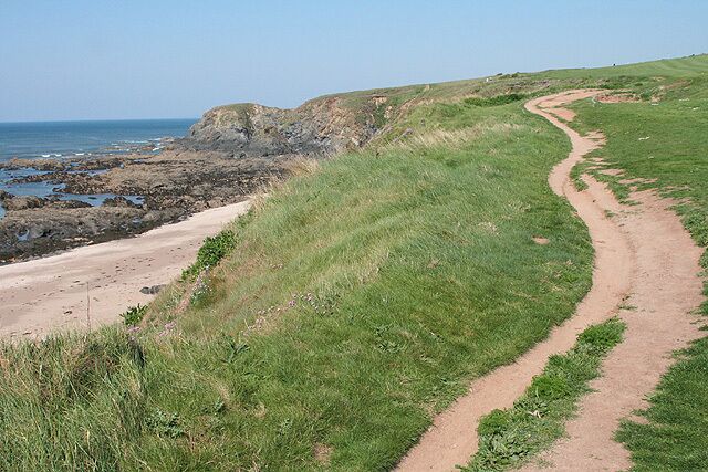 A coastal path with grassy terrain and rocky cliffs.