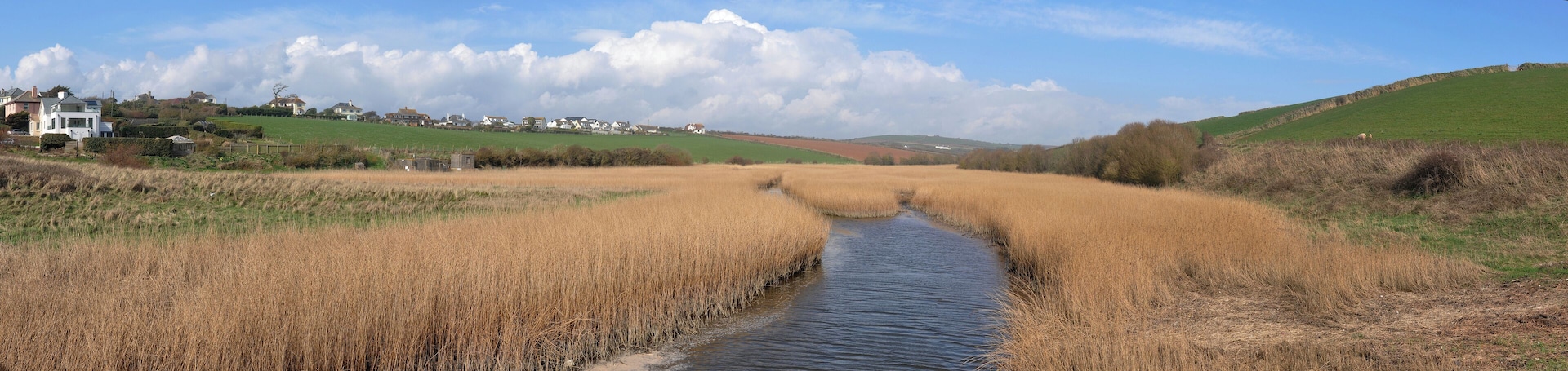 South Milton Ley in the south of Devon, UK. The Ley is a SSSI and is protected from the sea by a sandbar. The photo is taken from the coast path on the footbridge crossing the lower end of the Ley.