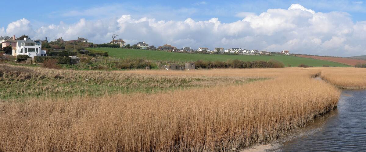 A narrow water channel flanked by dry grass fields and houses on a hillside.