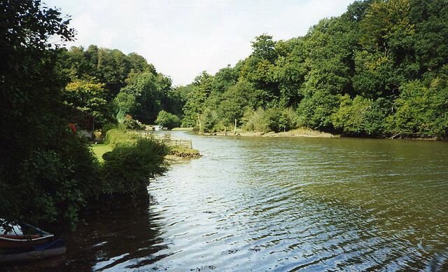 A river surrounded by dense forest, a small boat docked on the left, and a bridge in the middle distance.