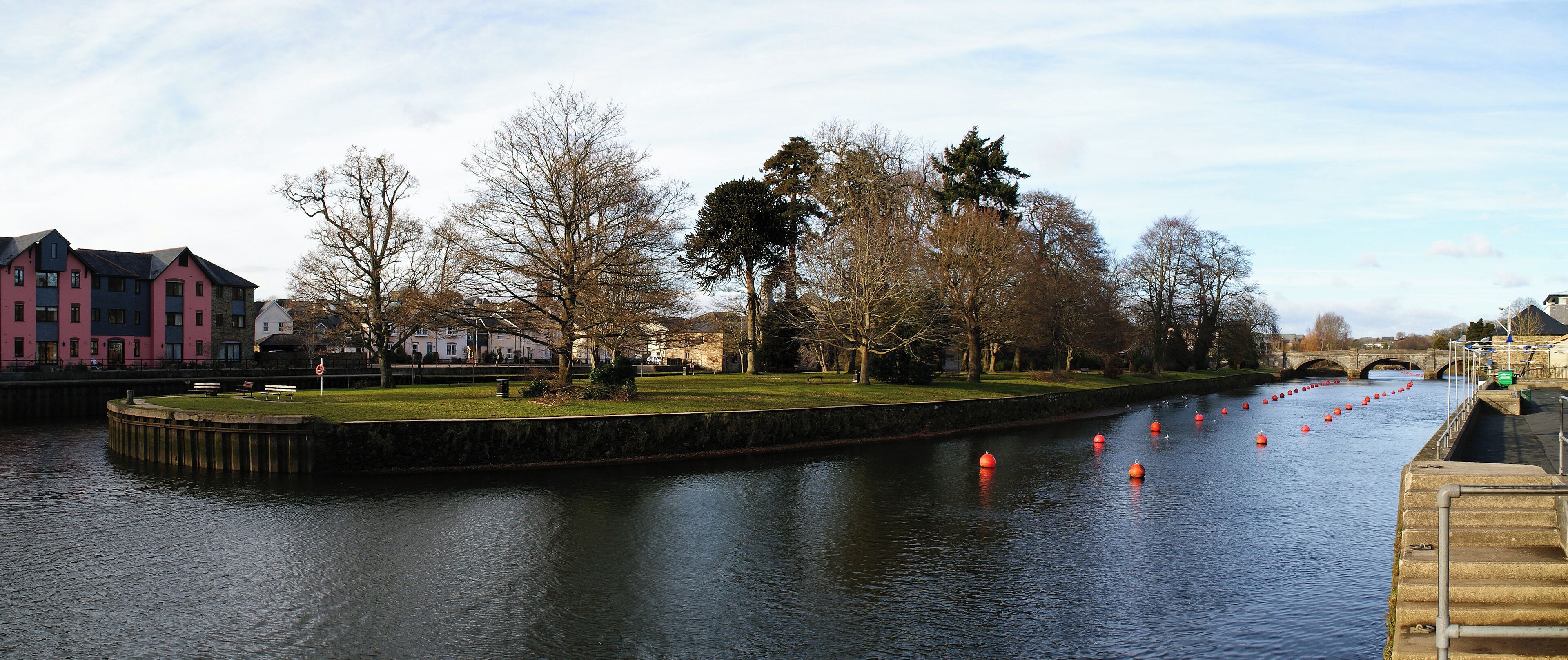 A view of Vire Island on the River Dart in Totnes, Devon, UK made up from a stitch of images.