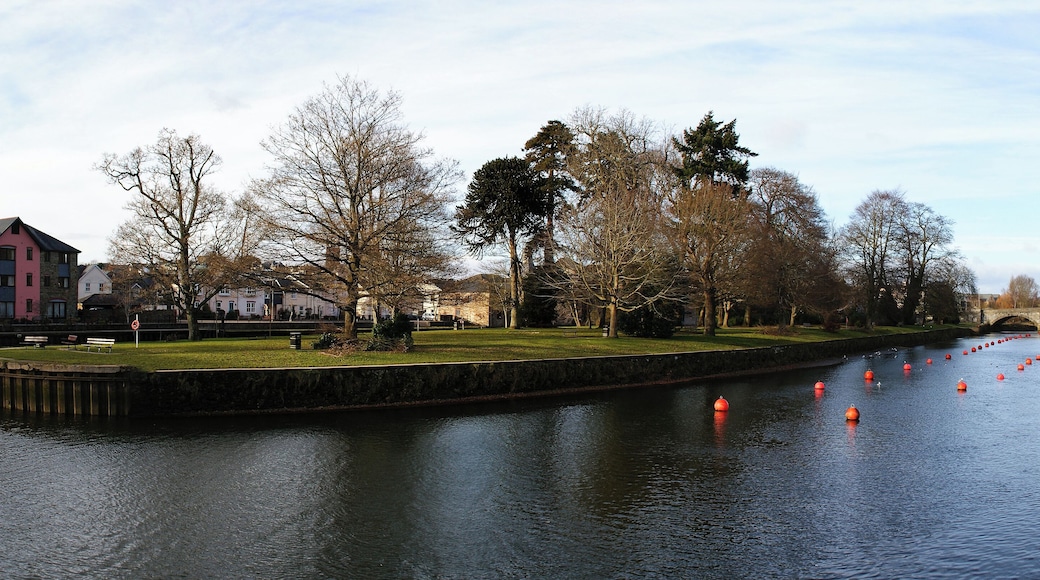 A view of Vire Island on the River Dart in Totnes, Devon, UK made up from a stitch of images.