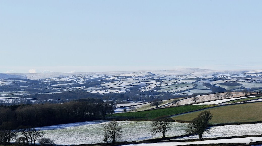 A panorama of winter in Devon, UK. The nearground shows the agricultural landscape with the southern part of Dartmoor in the distance.