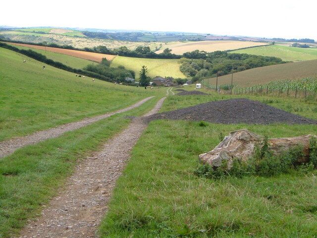 A rural landscape with a dirt path leading through fields, a large rock, and distant fields with crops.