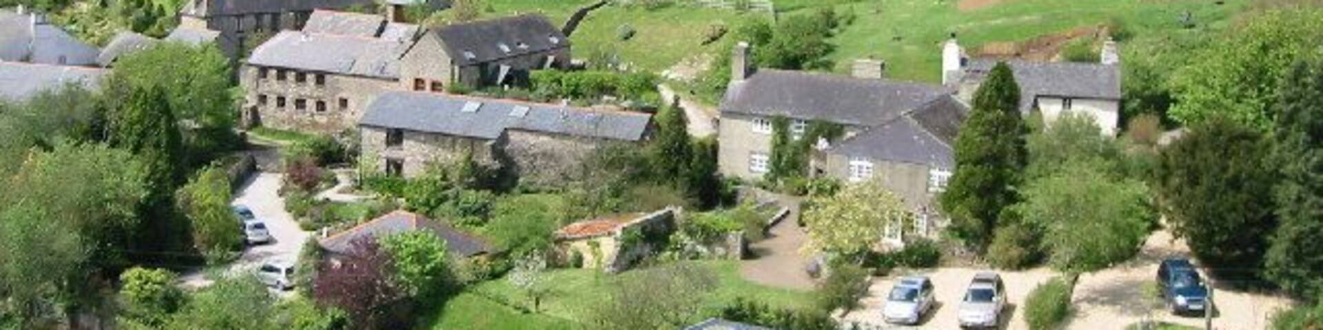 Aerial view of East Cornworthy. East Cornworthy is a hamlet of approximately 20 dwellings. The photo was taken using a remote-controlled camera lofted by a kite.