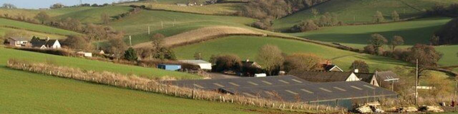 Longcombe. Taken from the edge of the car sales establishment shown in 1143712. The hamlet is on the northern slopes of one of the valleys that runs down to 914221. The slopes beyond, with Broomball Plantation occupying a cleft, are in SX8459, and Windmill Hill Clump, on the central hilltop, is in SX8559.