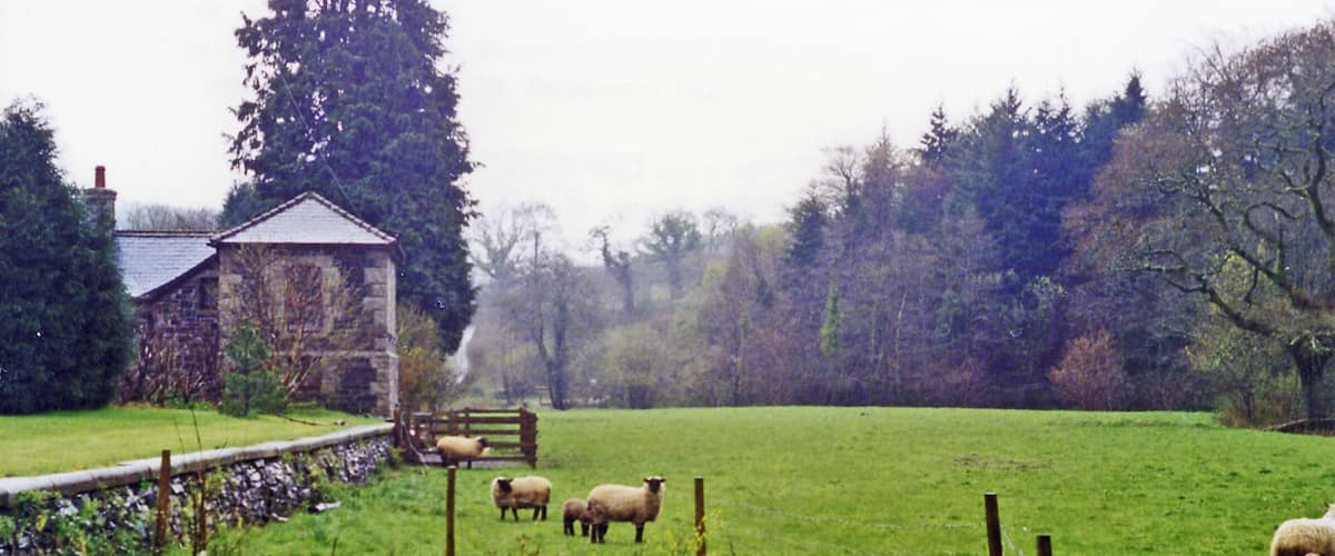 A rural landscape with a stone building, a wooden fence, and a grassy field with sheep.