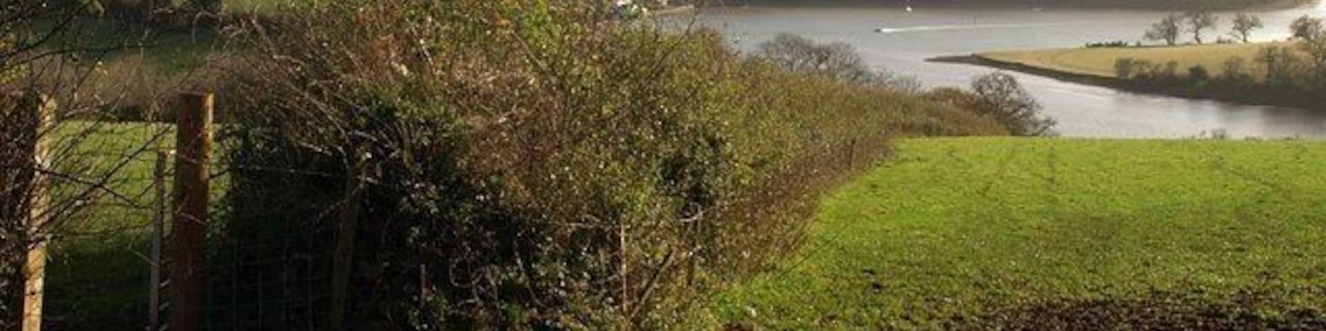 Field boundary and view near Ham Barn. Placing the view shown in 1061927 in more context, this shows a neighbouring gateway and a glimpse of the valley below Aish as it approaches the Dart estuary.