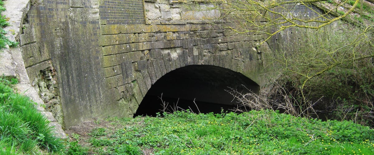 A stone bridge with a tunnel underneath, surrounded by greenery and a wooden fence.