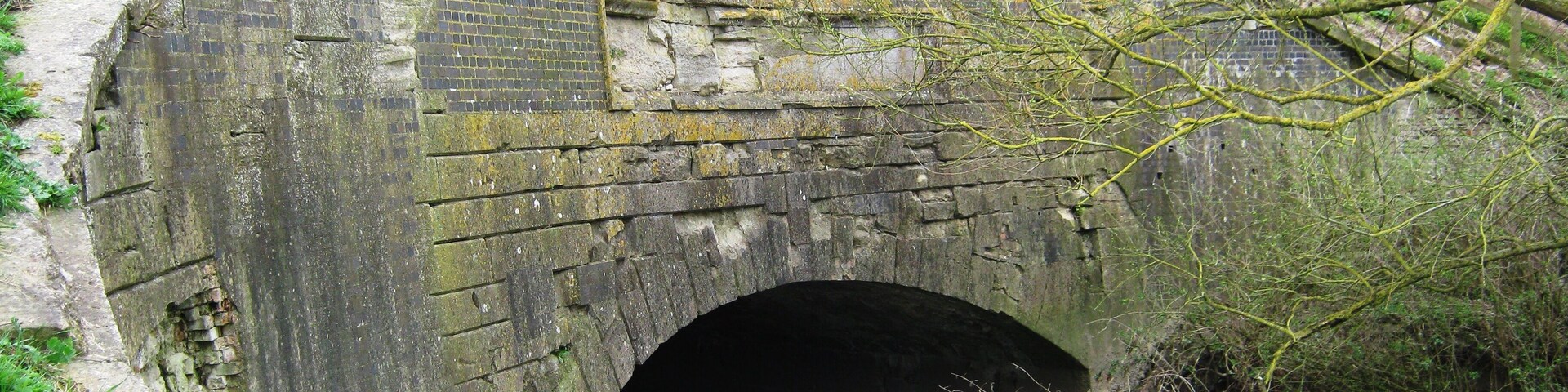 A stone bridge with a tunnel underneath, surrounded by greenery and a wooden fence.