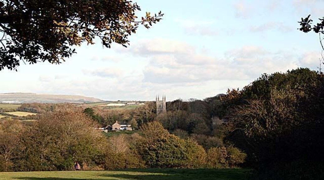 Looking across the valley to Ladock. Ladock church was dedicated in 1268 to St Ladocus. The tower is the second tallest in Cornwall being "one barley grain" (3/8in or 9.5mm) shorter than Probus. See 194407