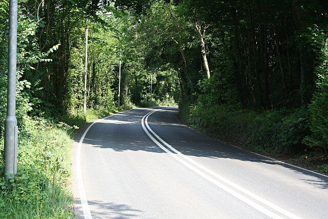 The road up the Tresillian River Valley. Just north of the village of Ladock. There are street lights on this road but no footpath. I would have thought that it would have been safer with a footpath but no street lights!