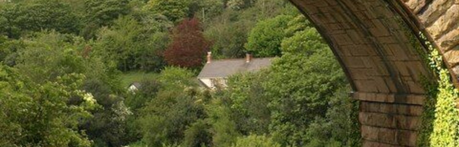 Arch of Chacewater Viaduct. Looking down the left turn shown in 1315064, beneath 838064. The viaduct was rebuilt in 1888. Beyond is the charmingly named Little Jolly's Bottom Farm.