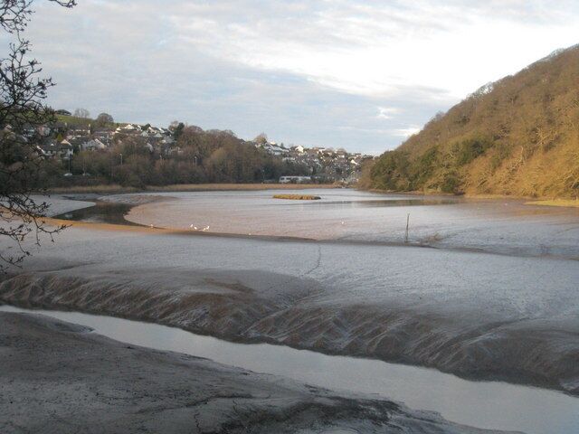 Tidal mud flats on the Tresillian River. Looking North towards Tresillian village.