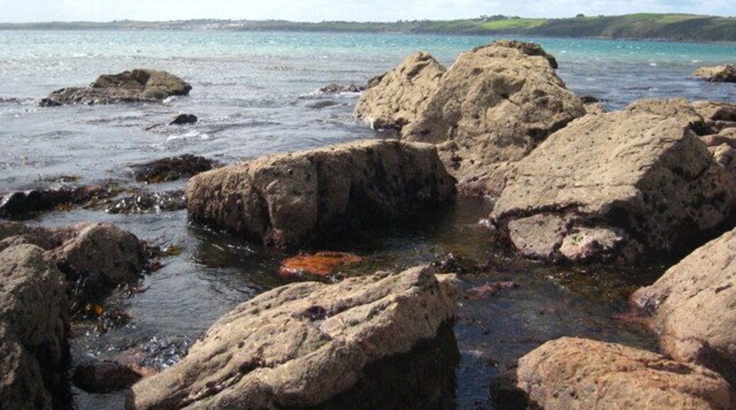 Rocks at the east end of Carne beach Just accessible on a low spring tide.