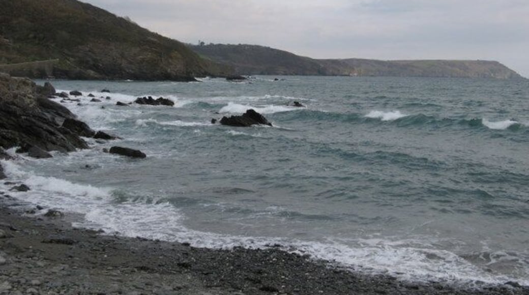 Coastline at Portholland The beach at West Portholland in the foreground, the foundations for East Portholland on the left side and Dodman Point in the background