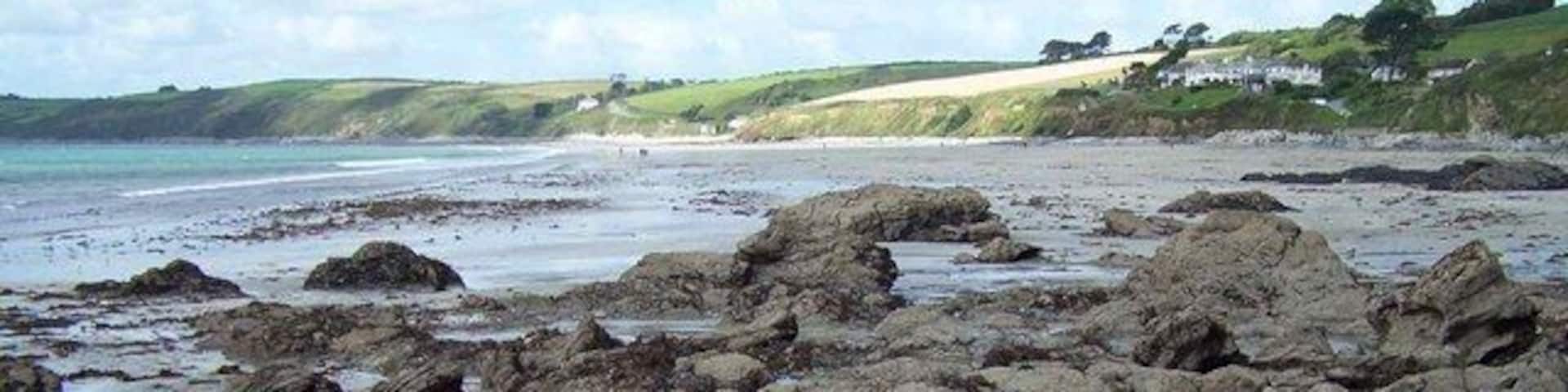 A rocky beach with large boulders and a distant view of a grassy hill with houses.