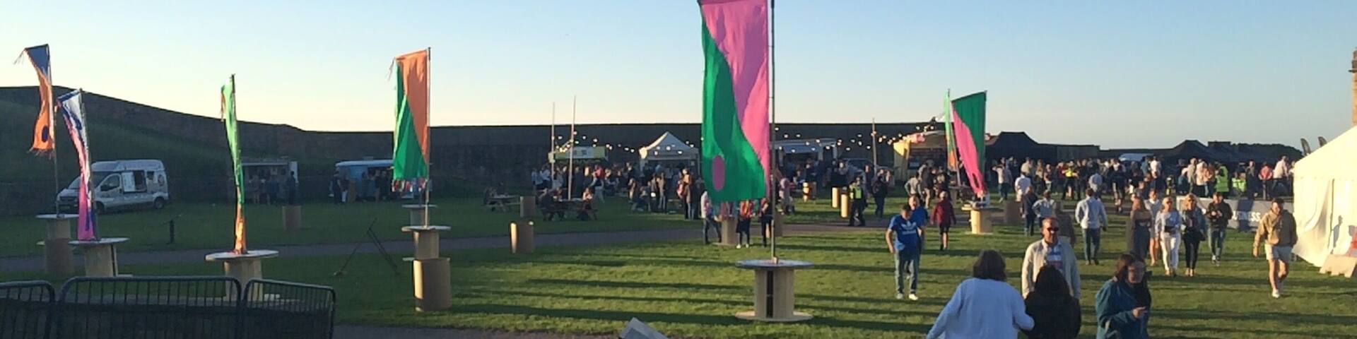 A grassy field with several flags and a white tent in the distance.