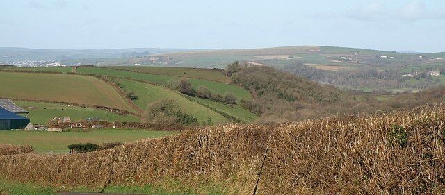 Farmland at Wanhill. Fields to the right of the scene shown in 666664, from the lane. Above the hedge are some of the woods along the western slopes of the valley seen in 671873, in particular Gill's Plat Wood, and beyond an invisible dip, Higher House Wood, which is in SS5724. The aerial of a car is visible in the centre, and the edge of the farm buildings is on the left.