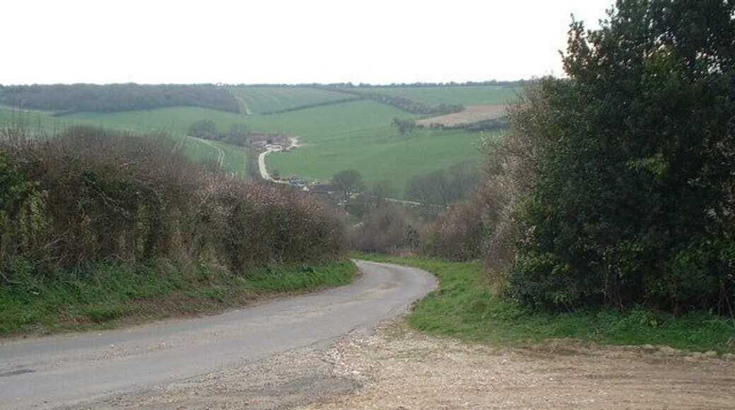 track to Belhuish House and farm This track leads to Belhuish. The picture taken shows the part of the lane that adjoins the bank of scrub marked on maps. This scrub forms the hedge on the right of the picture. In the distance can be see the end of the track at Belhuish Farm, and beyond it Belhuish coppice.