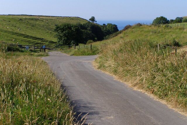 The southern end of South Street, Kingston The lane that leads south out of Kingston village is called South Street. This is its southern end. The track leads off to the right to Westhill Farm. Straight on is a private road and public footpath that leads down the combe to Chapman's Pool.
