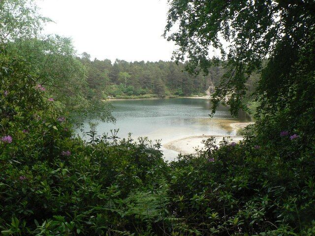 Furzebrook: Blue Pool from the west A look down to Blue Pool, a remnant of a Purbeck clay pit which was in use from the 16th to 19th centuries and survives only because the prospectors couldn't be bothered to fill in what they left behind.