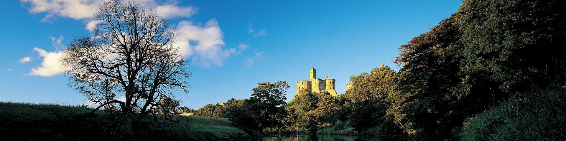 Castle overlooking reflective lake