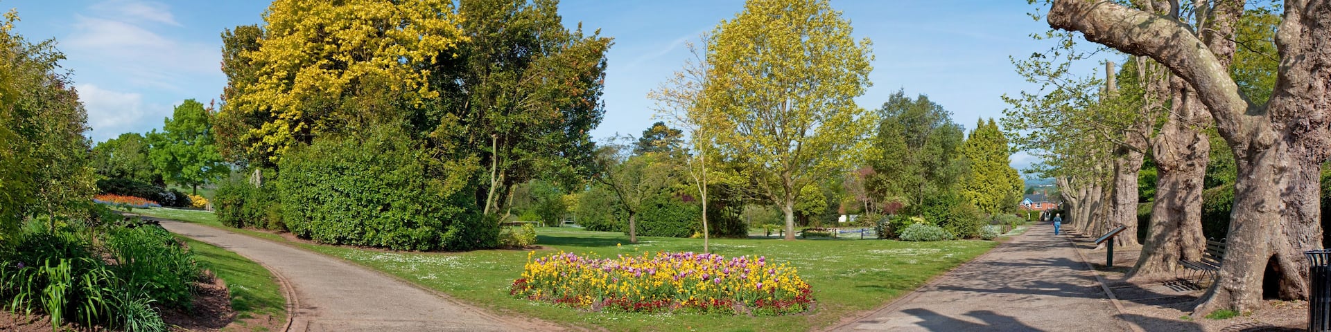 Panoramic view of Wellington Park in Somerset, from Just inside the main entrance gates on a beautiful day in early May.