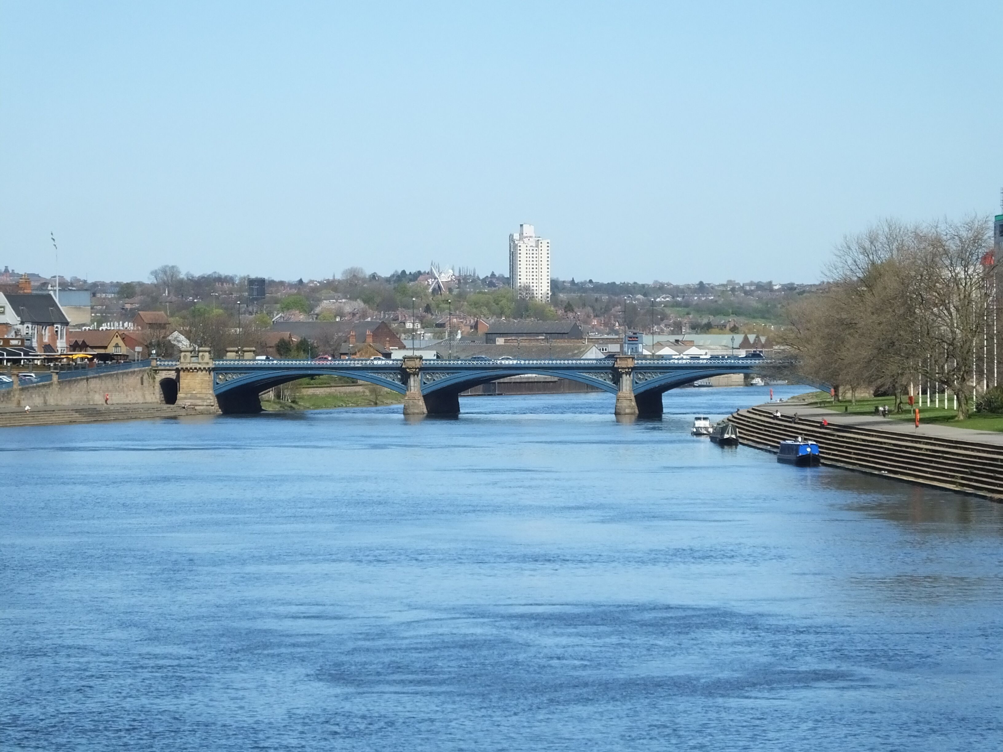 Wilford Suspension Bridge is a combined pedestrian footbridge and aqueduct which crosses the River Trent linking the town of West Bridgford to the Meadows in the city of Nottingham. It also carries a gas main. Looking at Trent Bridge