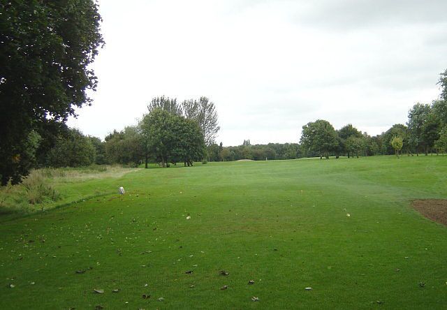 A green golf course with trees and a cloudy sky.