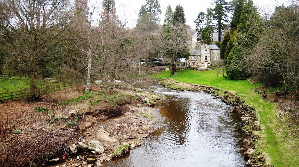 River Esk at Egton Bridge (March view). This photograph shows a view of the River Esk as it meanders from east to west through the Egton Bridge area. The picture was taken from the road bridge near Egton Manor looking in a northerly direction towards the railway station. An October view of the river can be seen here: 277285 .