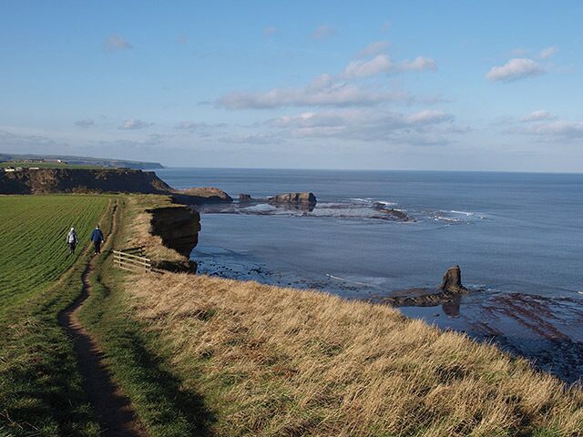 A coastal path with grassy fields and rocky cliffs.