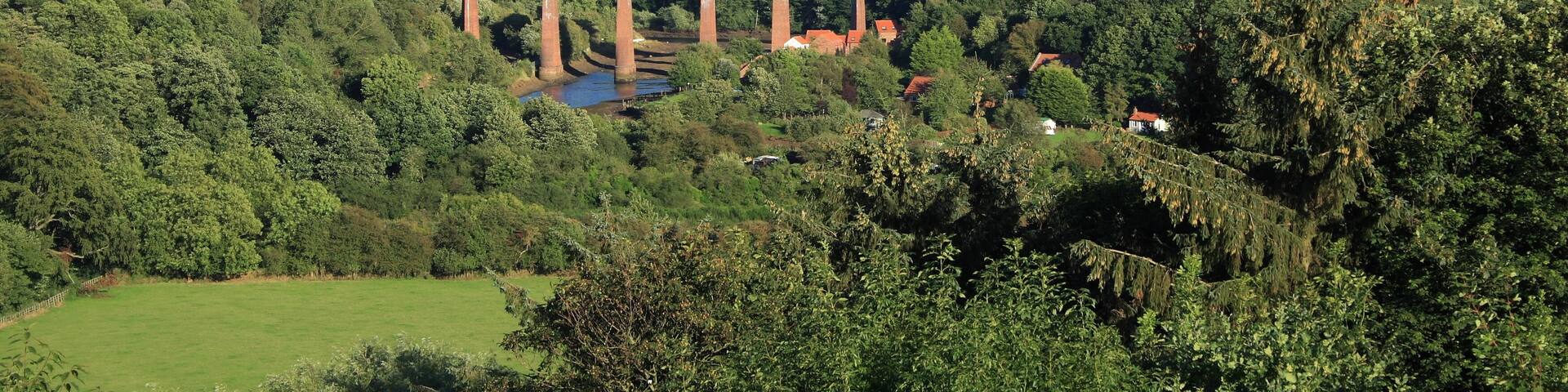 A view of the disused Larpool railway viaduct in Whitby, North Yorkshire, in Summer, showing all 13 arches.