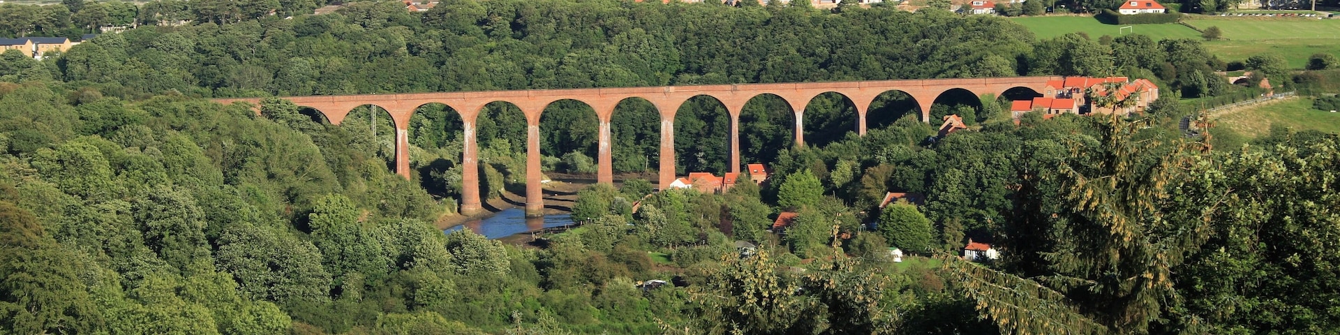 A view of the disused Larpool railway viaduct in Whitby, North Yorkshire, in Summer, showing all 13 arches.
