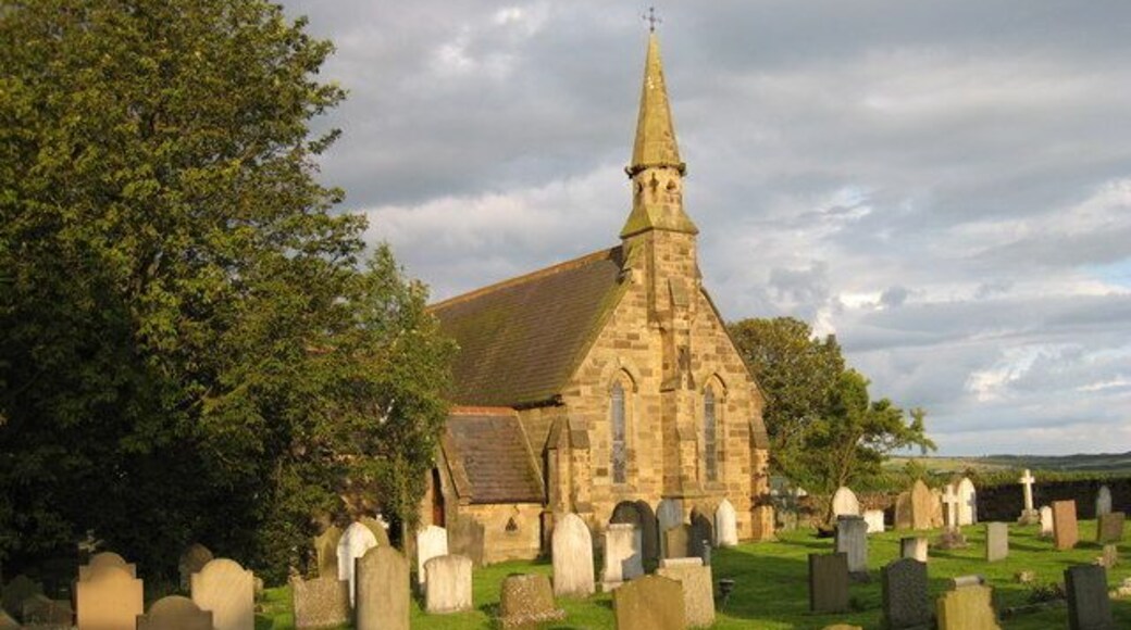 Gravestones in Ugthorpe church This photograph of Christ Church (Ugthorpe) was taken from the minor road that runs pass it - looking in the direction of Lawns Farm. The picture was taken quite late in the day - as can be seen by the direction of the shadows of the gravestones.