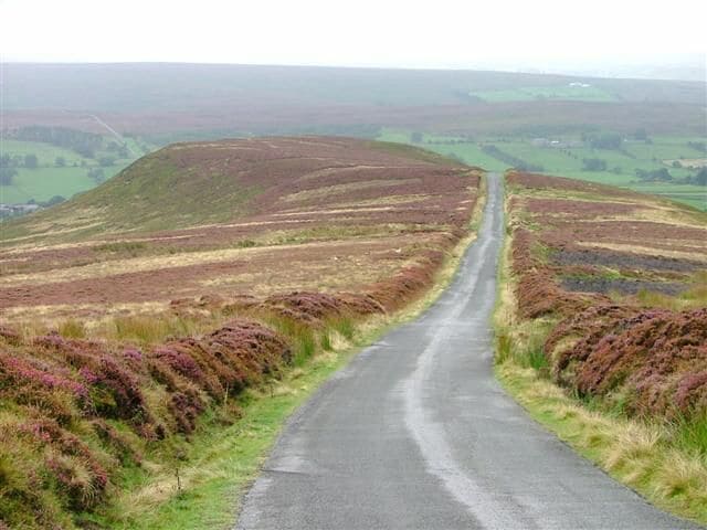 Un camino rural estrecho bordeado por colinas cubiertas de brezo.