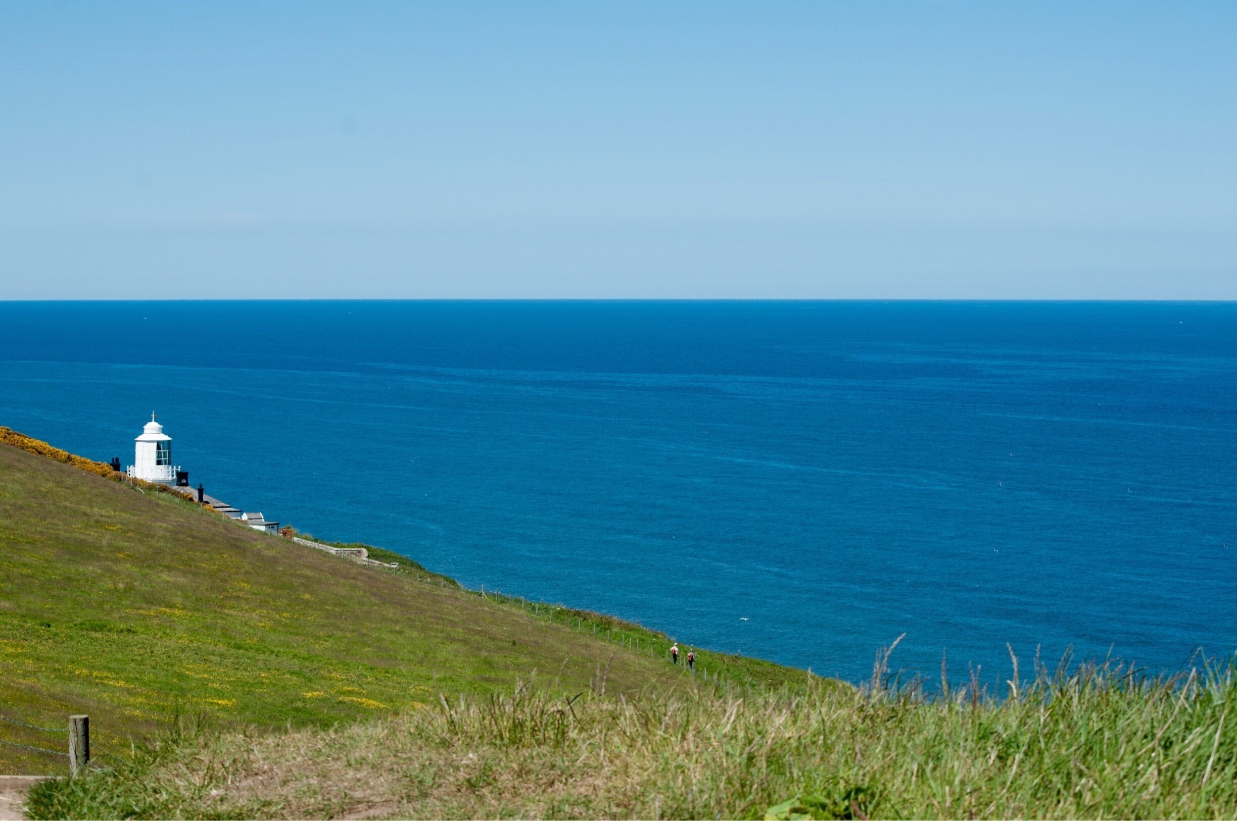 A lighthouse on a grassy hill overlooking the ocean.