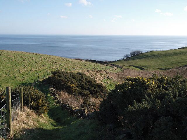 A coastal landscape with rolling hills, a fence, and a view of the sea.