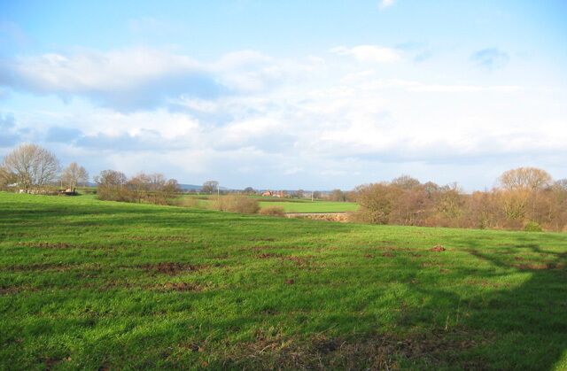 Winter sun on rolling pasture north of Oss Mere View north from Ossmere Lane, immediately east of the railway bridge, near the northern end of Oss Mere (189091). The Whitchurch-to-Nantwich railway embankment can be seen just right of centre