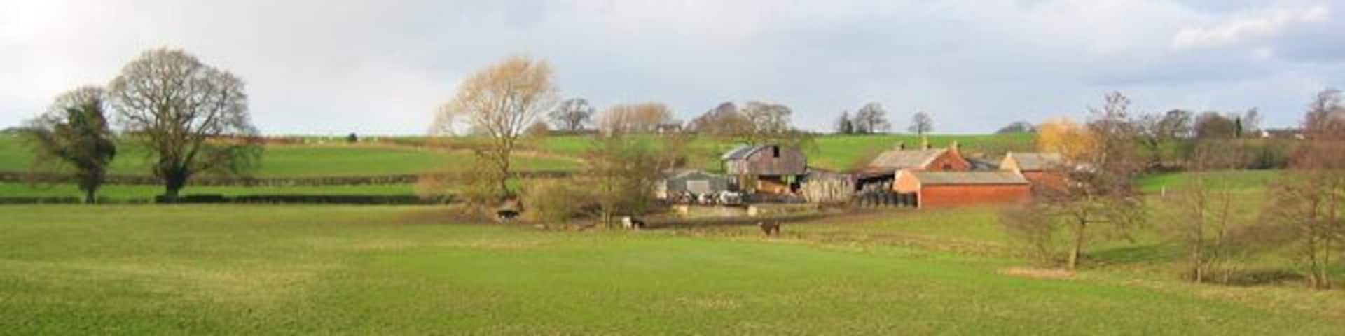 A rural landscape with rolling hills, scattered trees, and farm buildings.