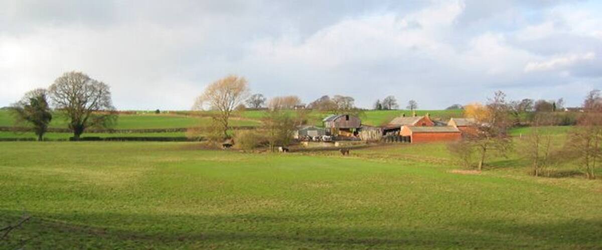 A rural landscape with rolling hills, scattered trees, and farm buildings.