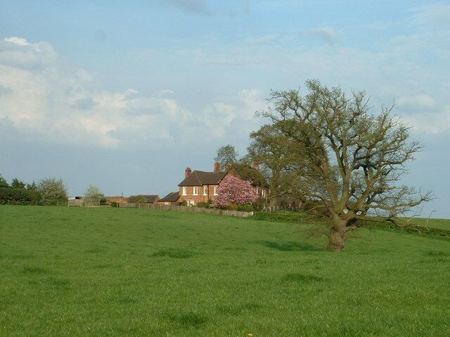 Una casa en un campo verde, con un árbol en primer plano.