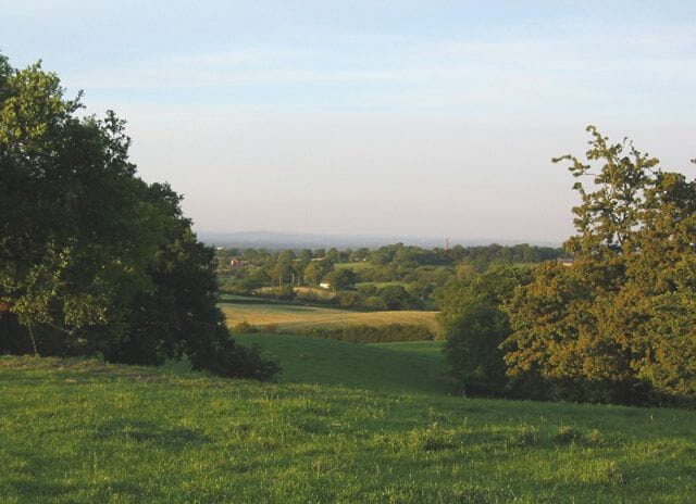 View towards Brankelow Moss from South Cheshire Way. The South Cheshire Way passes through undulating cattle pasture between Wirswall and Marbury. This view across mown fields towards Brankelow Moss shows the memorial to Stapleton Cotton, 1st Viscount Combermere, in the distance