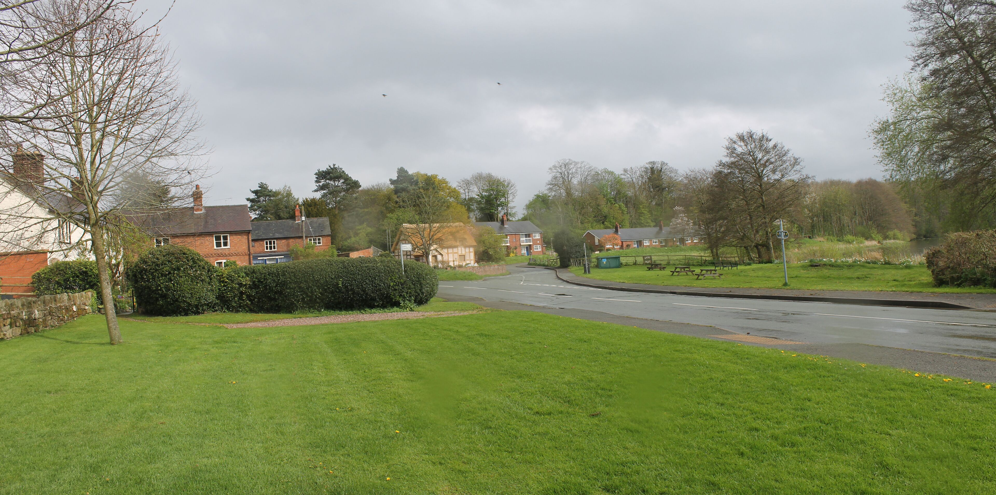 A suburban street with houses, a grassy area, and a river.