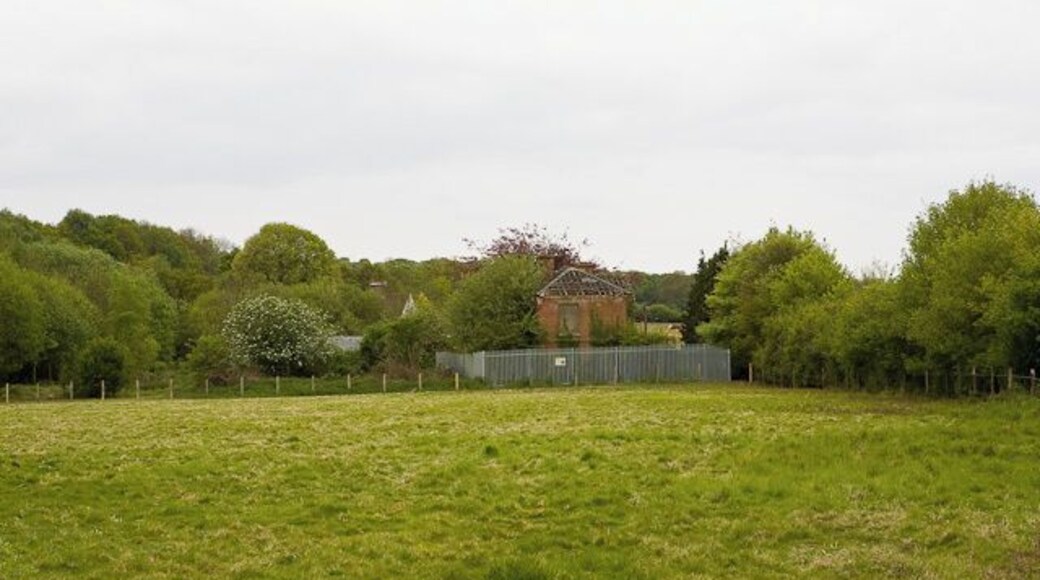 Derelict Cottage on old pump house site, Mayles Lane The metal fencing was put up in 2008 for health and safety reasons. The wooden posts are for another fence in process of being erected at time of photographing. The old pump house itself is beyond the cottage.
