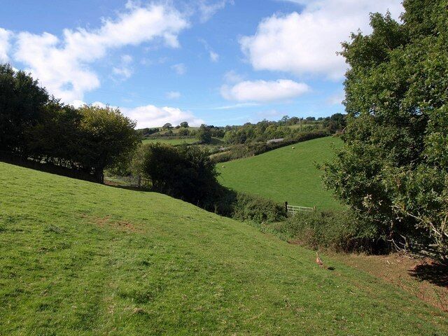 Footpath near Coate Farm. The footpath shown in 1520448 passes a pheasant, one of many around here as it approaches a gate through a hedge. Coate Farm can be glimpsed ahead across the valley.