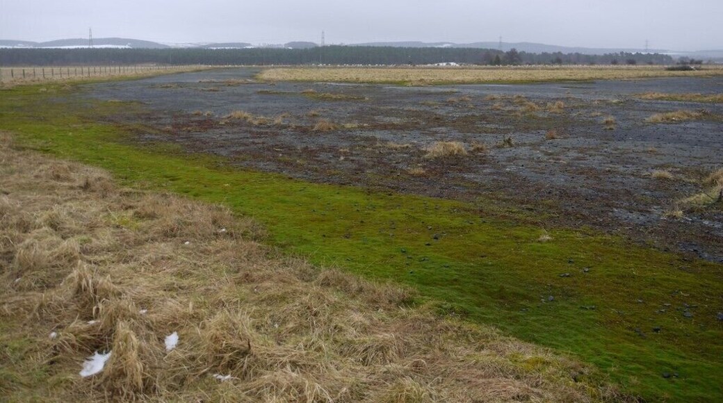 Remains of runways of RAF Milfield. A WWII RAF Fighter Command facility, opened in August 1942, used as one of a series of north Northumberland training bases. 59 Operational Training Unit trained some 1500 pilots in 34 months. The airfield was designed as a Class A expansion field, with runways in a triangular arrangement, and buildings dispersed around the perimeter to minimise disruption from enemy attack. The Miles Master Advanced Trainer aircraft was in common use for training but Hurricanes, Spitfires and Typhoons were all flown here as were Canadian Air Force Thunderbirds, Mustangs and Lightnings. The site was one of only two used in 1944 to develop tactics for the use of air-to-ground rockets fired from Typhoon aircraft. A memorial to the men who served here is erected in the nearby Maelmin Heritage Centre car park 301587 The photo shows the remaining northerly apex of the triangular runway pattern. Much of the land to the south-east was removed for sand and gravel extraction by Tarmac, starting around 1960. Much of this land is now grassed over and used by the Borders (or Milfield) Gliding Club 1249908