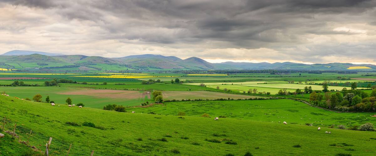Rolling green hills, a distant mountain range, and a cloudy sky.